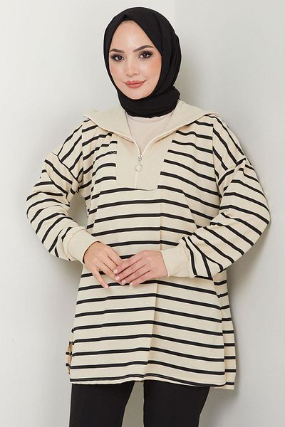 hafsamina Black Striped Zippered Sweatshirt Tunic - Hm2592