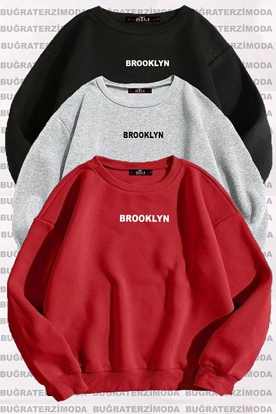 Buğraterzimoda Brooklyn Printed Unisex 3-Pack Black Red Gray Crew Neck Oversize Sweatshirt
