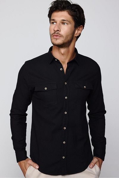 Tudors Μαύρο Slim Fit Ανδρικό πουκάμισο - Μακρύ μανίκι, 100% βαμβακερό λινό, διπλή τσέπη αθλητικός γιακάς