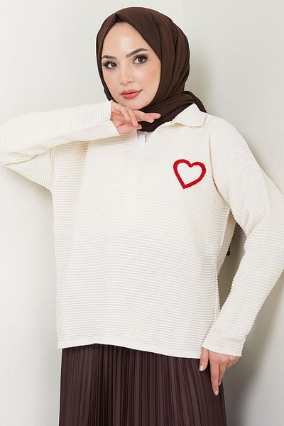 hafsamina Πλεκτό πουλόβερ Polo Neck Heart Embroidered - Cream HM2571