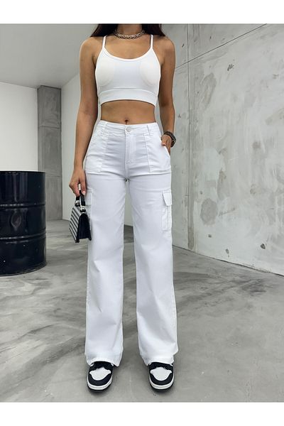 BİKELİFE Weiße Cargo-Hose aus Lycra mit hoher Taille und weitem Bein und Tasche