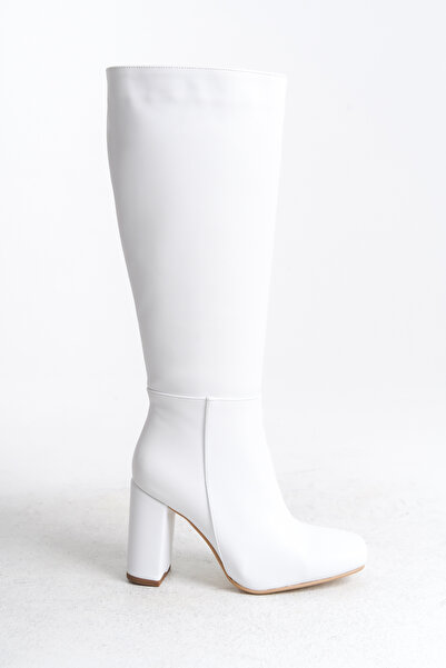 Redoxy Women's Special Design Blunt Toe Zippered Thick High Heel White Boots