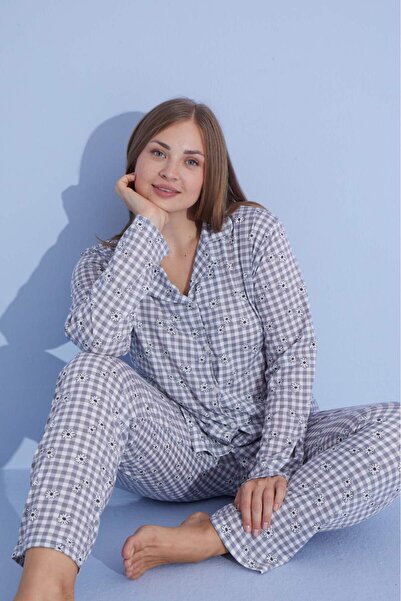 PİJAMOOD Kadın Battal Beden Baskılıuzun Kollu Pamuklu Önden Düğmeli Pijama Takımı