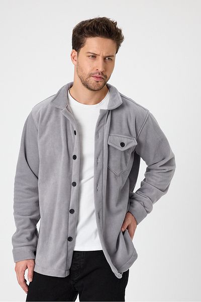 Gray Clothing Winter Seasonal Real Fleece Loose Fit Long Sleeve Oversize Men's Shirt with Pockets Gray