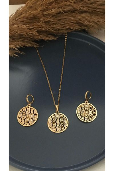 Gizemli Aksesuar Women's Gold Color Flower of Life Necklace Earring Set