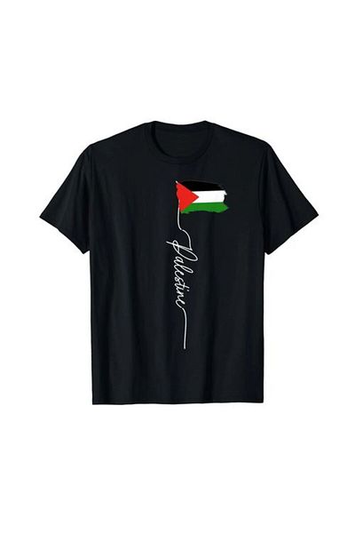 Pink Sky Palestine Printed μαύρο Unisex Oversize T-shirt - Tshirt