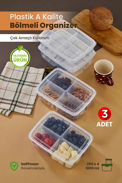 safestore 3 قطع 4 أقسام 1000 مل حاوية لحم الدجاج النباتي صندوق تخزين منظم الثلاجة