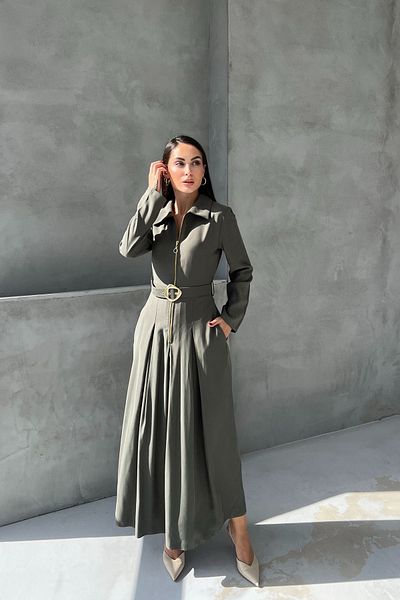 Seda Yalçın Atelier Khaki Long Dress with Zipper Detail on the Front and Belt