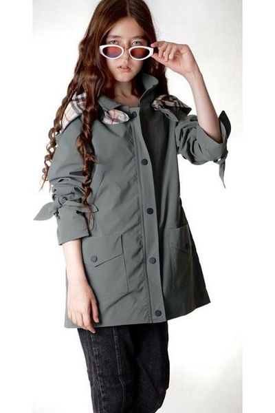 İrem Çocuk Giyim Girl's Zipper Closure Hooded Sleeve Tied Model Pocket Lined Khaki Color Raincoat