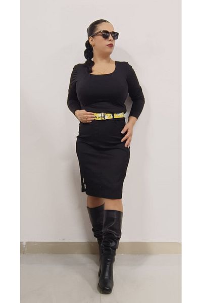 AKŞEN GİYİM Plus Size Women's Skirt - Lycra Cotton, Linen, Elastic Waist, Belt and Short Linen with Stone Detail