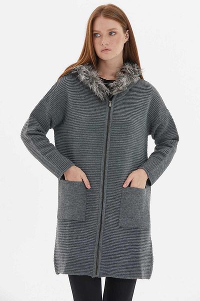 Two Mail Cardigan din blană antracit - cu buzunare