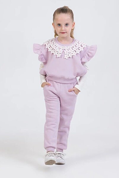 Minigimin Cicileri My Little Girl's Daisy Lace Collar Detailed 3-Piece Girl's Set - Lilac