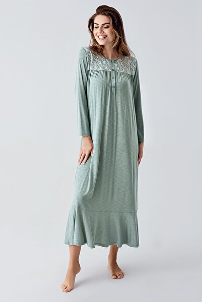 Artış Long Sleeve Lace Buttoned Stretchy Viscous Nightgown