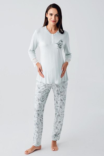 Artış Long Sleeve Buttoned Patterned Flexible Viscous Maternity Dressing Gown Pajama Set