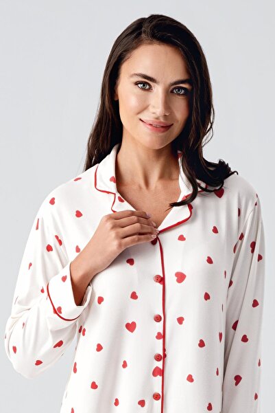 Artış Thermal Long Sleeve Buttoned Heart Print Stretchy Soft Textured Maternity Nightgown