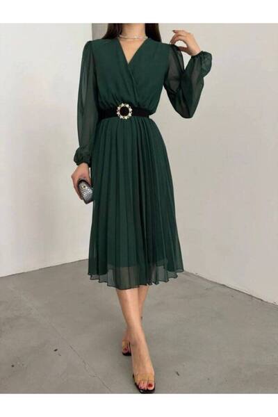 MODA Kadın Şifon Kumaş Kloş Kesim Kruvaze Yaka Midi Boy Elbise