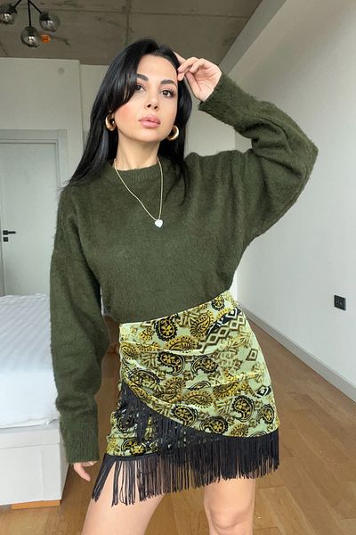 Seda Yalçın Atelier Green Vintage Bohemia High Waist Tassel Skirt