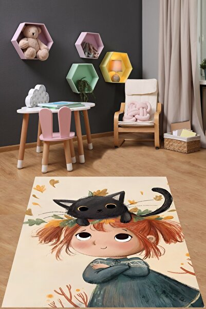 on the clouds Sevimli Kız ve Kedi Arkadaşı Yıkanabilir Kaymaz Taban Leke Tutm...