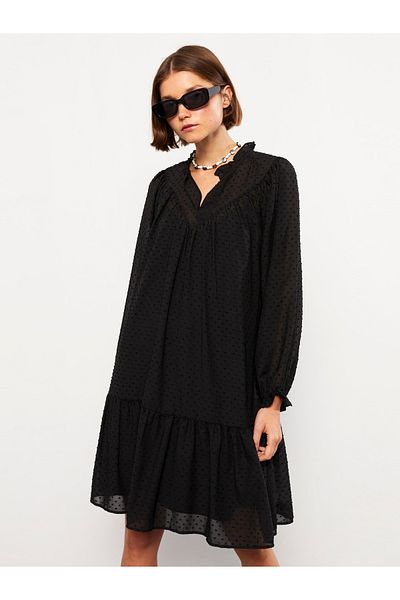 LC Waikiki Stand Collar Self Patterned Long Sleeve Satin Women's Dress