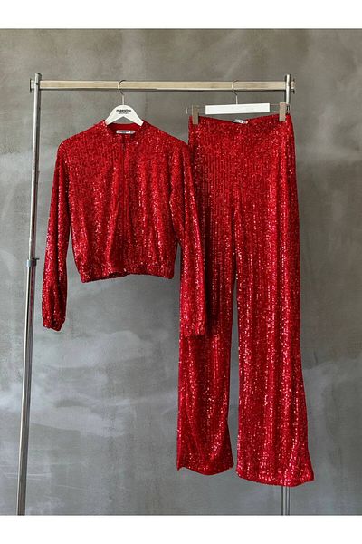 bymaestro woman Women's Red Sequin Sequin Cardigan Trousers Set