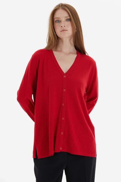 Two Mail Taşlı Hırka KIRMIZI