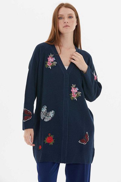 Two Mail Navy Blue Applique Detailed Cardigan