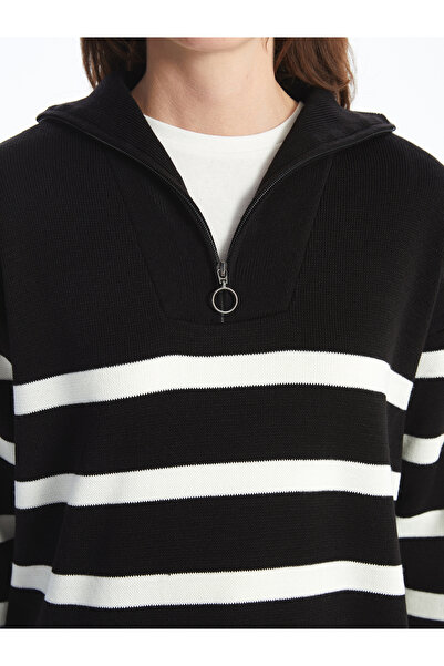 LC Waikiki Gestreifter, übergroßer Damen-Strickpullover mit Stehkragen