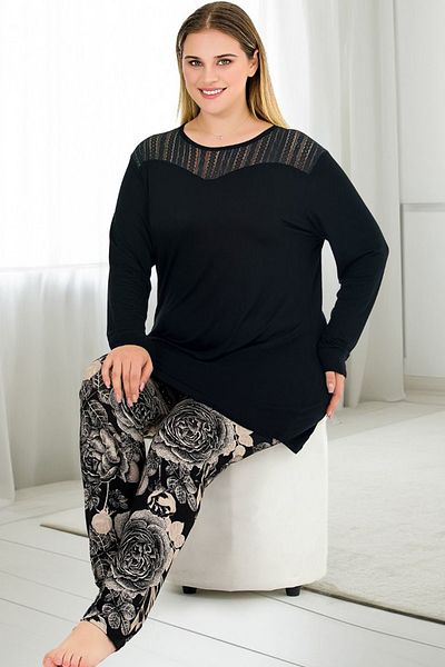 Jenny Daphne Soft Viscose Pajama Set - Floral Pattern, Lace Shoulders, Long Sleeve Big Size 11390