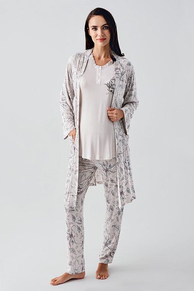 Artış Long Sleeve Buttoned Patterned Flexible Viscous Maternity Dressing Gown Pajama Set