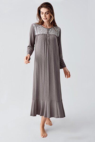 Artış Long Sleeve Lace Buttoned Stretchy Viscous Nightgown