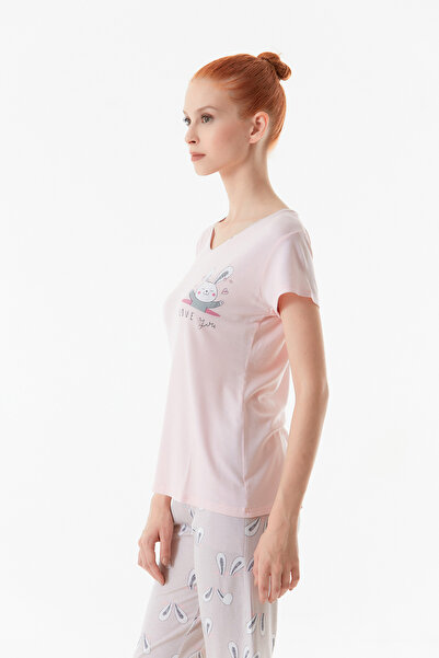Fulla Moda Tavşan Baskılı Bisiklet Yaka Pijama Takımı