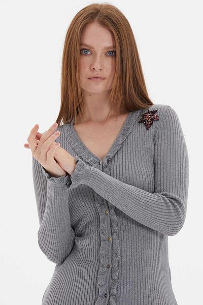 Two Mail Cardigan gri - Detaliat cu volan