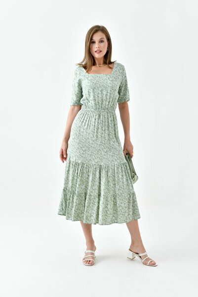 Saade Mint Truvakar - Sleeve Square Collar and Elastic Waist Woven Dress