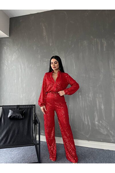 bymaestro woman Kadın Kırmızı Pul Payet Hırka Pantolon Takım