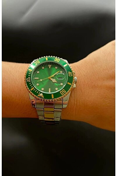 ÇENÇEN Gümüş Gold Iki Renk Kordon Yeşil Kadran Erkek Kol Saati Dönen Basel