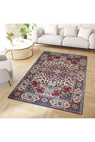 Cansu Collection Blue Claret Red Patterned Woven Sole Modern Decorative Carpet cansu35