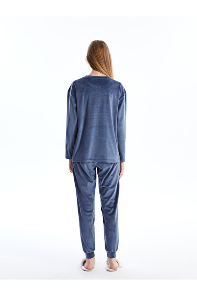 LC Waikiki H12 Crew nyakú hímzett hosszú ujjú bársony női pizsama szett