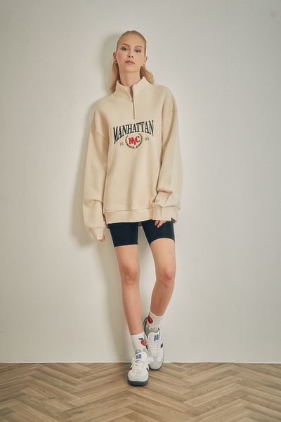 Fulla Moda Hanorac oversize cu jumătate de fermoar brodat Manhattan