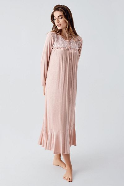 Artış Long Sleeve Lace Buttoned Stretchy Viscous Nightgown