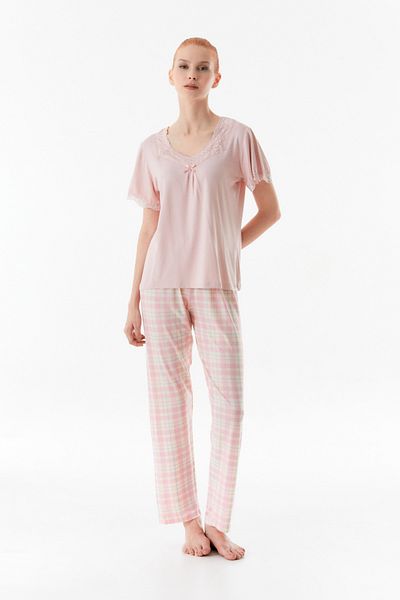 Fulla Moda Lace Detailed Gingham Patterned Pajama Set