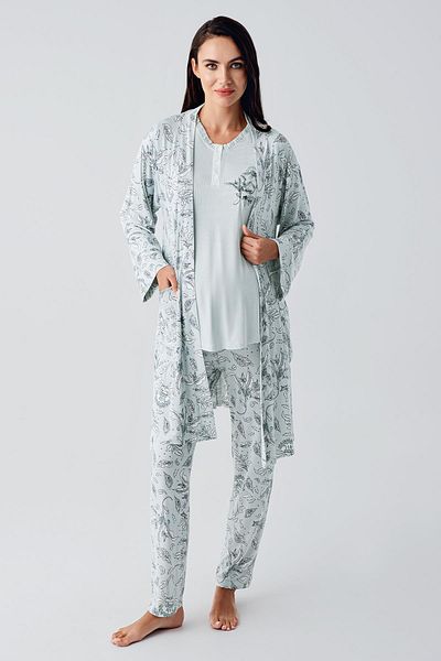 Artış Long Sleeve Buttoned Patterned Flexible Viscous Maternity Dressing Gown Pajama Set