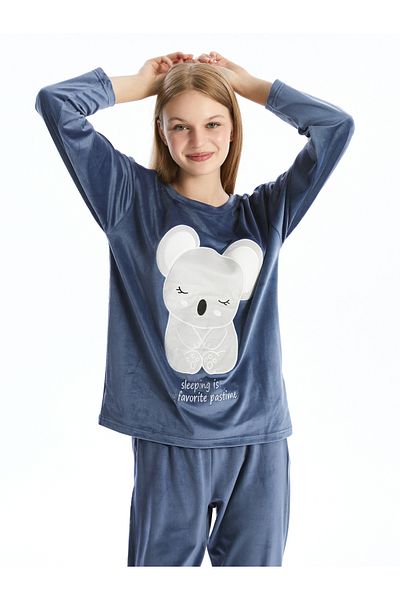 LC Waikiki H12 Damen-Pyjama-Set aus Samt mit Rundhalsausschnitt und Stickerei und langen Ärmeln