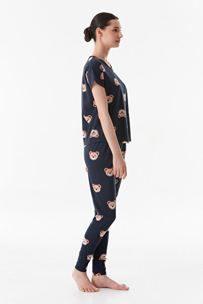 Fulla Moda Ayıcık Baskılı Bisiklet Yaka Pijama Takımı