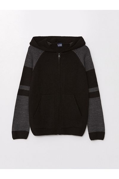 LC Waikiki Hooded Color Blocked Long Sleeve Boy's Knitwear Cardigan