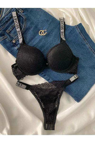 Beyaz Gelincik Underwear Γυναικείο Σετ Εσώρουχα Σετ Εσώρουχα Μαύρη Δαντέλα με Πέτρα με Υποστήριξη Push Up