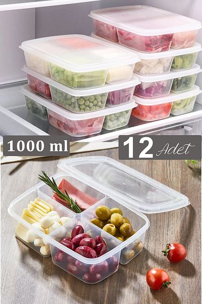 Livonelli 12 Pieces 4 Compartments 1000ml Flap Freeze Convenient Freezer Storage Box Organizer