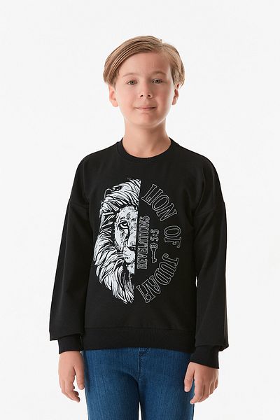 Fulla Moda Момче - Суитшърт с кръгло деколте с щампа на лъв
