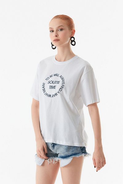 Fulla Moda Tricou oversize brodat cu text cu decolteu