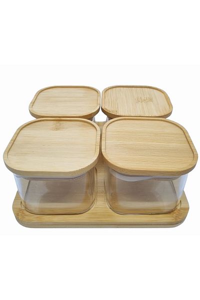 MİEN 4-Piece Bamboo Glass Storage Set - Stylish for Breakfast, Spice Rack and Kitchen Organization