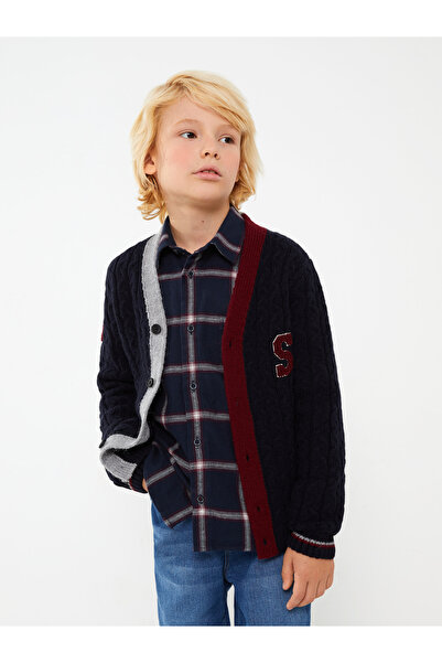 LC Waikiki V-Neck Embroidered Long Sleeve Boys Knitwear Cardigan